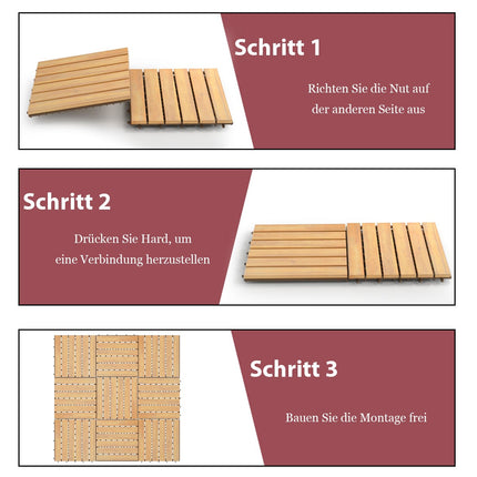 Akazienholz-Terrassenfliesen, 30x30 cm, Stecksystem, 10er-Pack