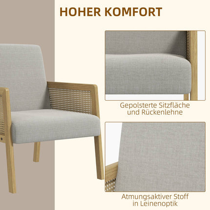 Fauteuil d'appoint, fauteuil de relaxation et chaise longue avec accoudoirs, aspect rotin, rembourré, aspect lin, pour salon