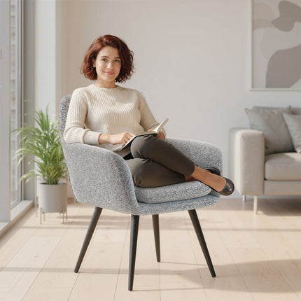Designové křeslo s kovovými nohami, vzhled lnu, světle šedá