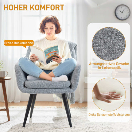 Designové křeslo s kovovými nohami, vzhled lnu, světle šedá