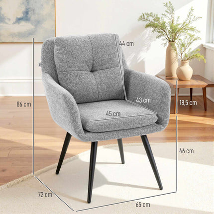 Designové křeslo s kovovými nohami, vzhled lnu, světle šedá