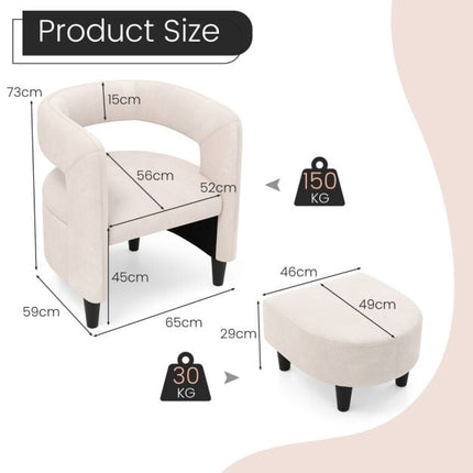 Sessel mit Ottoman, beiger Samt, 150 kg Tragkraft