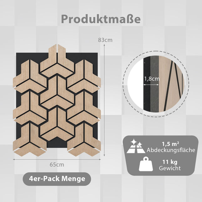Akustik-Wandpaneele, 4er-Pack, schallabsorbierende Holzlamellen