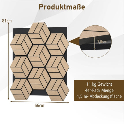 Akustikwandpaneele, Sechseckiges Holz, Schallabsorbierend, 4er-Pack