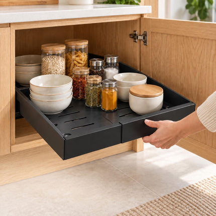 Adhesive Telescopic Drawer for Deep Cabinets, 53 cm Deep, 30 kg Load, Black