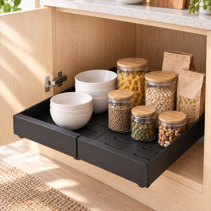 Adhesive Telescopic Drawer for Deep Cabinets, 53 cm Deep, 30 kg Load, Black