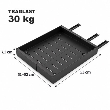 Adhesive Telescopic Drawer for Deep Cabinets, 53 cm Deep, 30 kg Load, Black