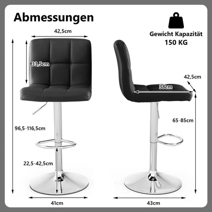 Verstellbare 360°-Drehbare Barhocker, 2er-Set, Schwarzes Leder