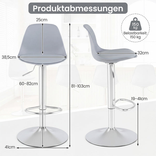 Verstellbare 360°-drehbare Barhocker, 2er-Set, Grau