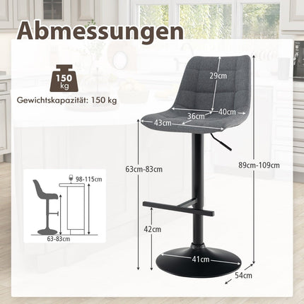 Verstellbare 360°-drehbare Barhocker, 2er-Set, Grau