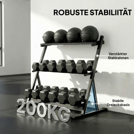 Verstellbares 3-stöckiges Hantelregal, 200 kg Tragkraft, rutschfest