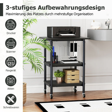 Adjustable 3-Tier Printer Stand with Shelves & Wheels