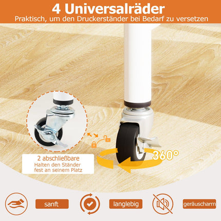 Adjustable 3-Tier Printer Stand with Shelves & Wheels, White