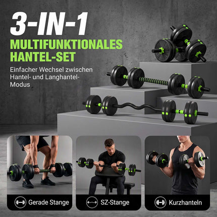 Adjustable 3-in-1 Dumbbell Set 15 kg with Barbell, EZ Curl Bar, Green