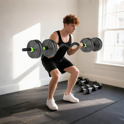 Adjustable 3-in-1 Dumbbell Set 15 kg with Barbell, EZ Curl Bar, Green
