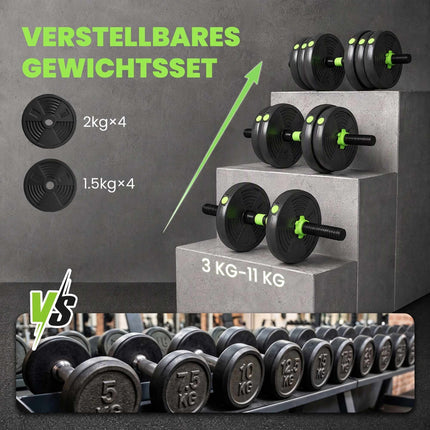 Adjustable 3-in-1 Dumbbell Set 15 kg with Barbell, EZ Curl Bar, Green