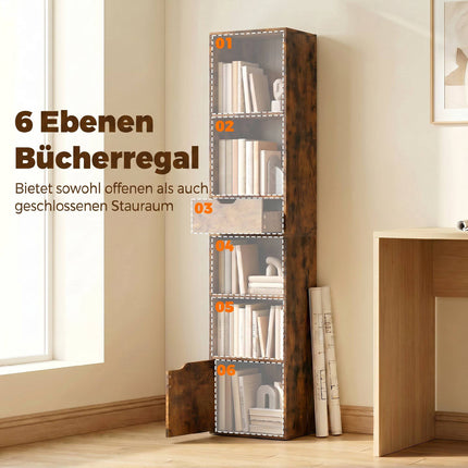 Adjustable 6-Tier Bookshelf with Drawer and Cabinet, Brown