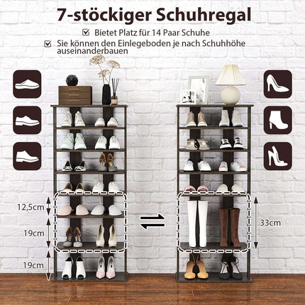 Verstellbares 7-stöckiges Schuhregal, platzsparend, Grau