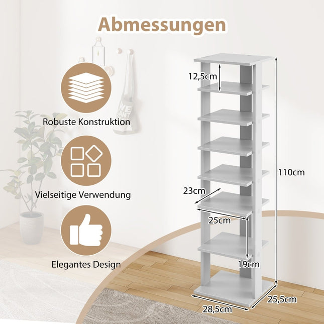 Adjustable 8-Tier Wooden Shoe Rack, Space-Saving, Grey