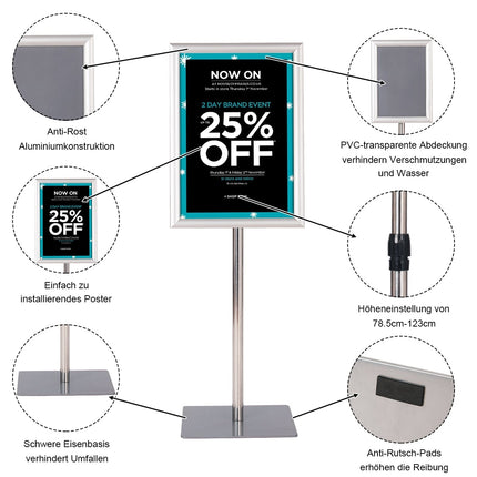 Adjustable A3 Info Stand Set, Silver, Aluminum Frame