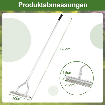Verstellbarer Aluminium-Gartenrechen, 50x178 cm, 19 Zinken