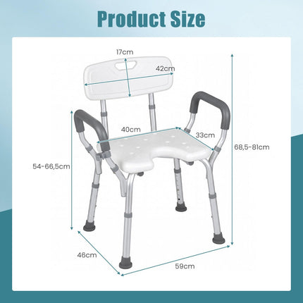 Adjustable Aluminum Shower Chair with Arms & Backrest