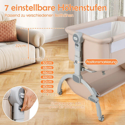 Adjustable Baby Bassinet with Wheels – Beige, 7 Height Levels