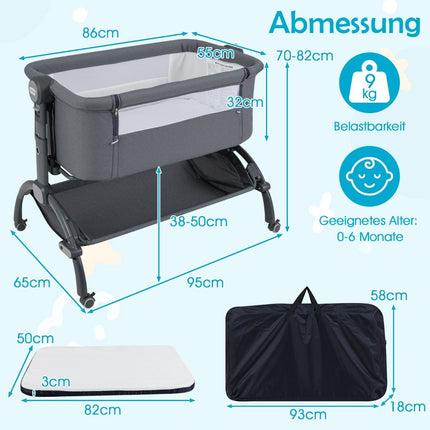 Verstellbares Baby-Beistellbett mit Rollen, Grau