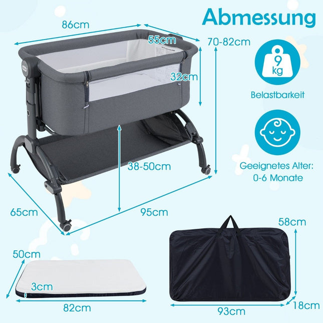 Adjustable Baby Bedside Crib with Wheels, Grey
