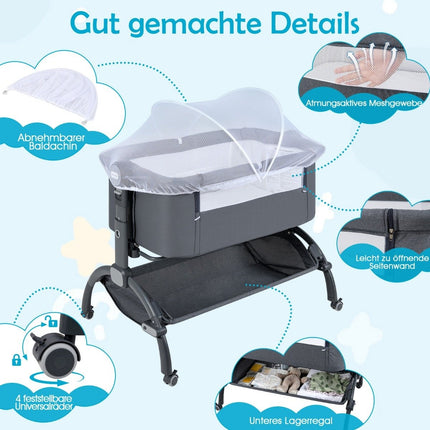 Verstellbares Baby-Beistellbett mit Rollen, Grau