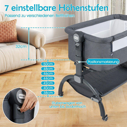 Verstellbares Baby-Beistellbett mit Rollen, Grau