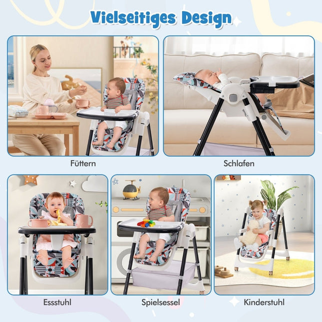 Verstellbarer Babyhochstuhl mit Liegefunktion und doppeltem Tablett
