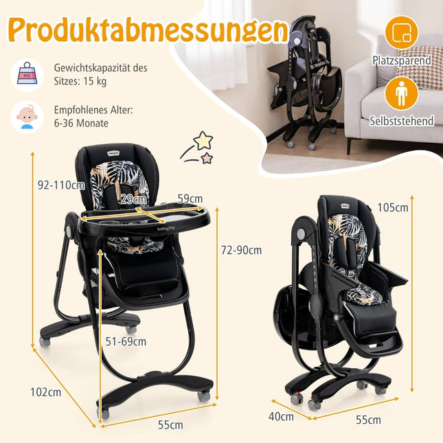 Verstellbarer Baby-Hochstuhl mit Rollen, Schwarz