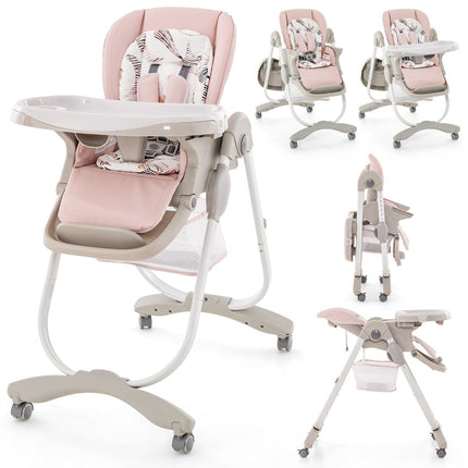 Adjustable Baby High Chair with Wheels, Pink, Foldable