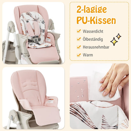 Adjustable Baby High Chair with Wheels, Pink, Foldable