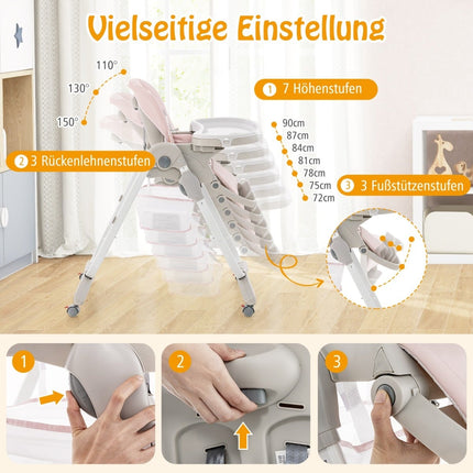 Adjustable Baby High Chair with Wheels, Pink, Foldable