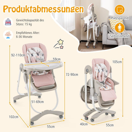 Adjustable Baby High Chair with Wheels, Pink, Foldable