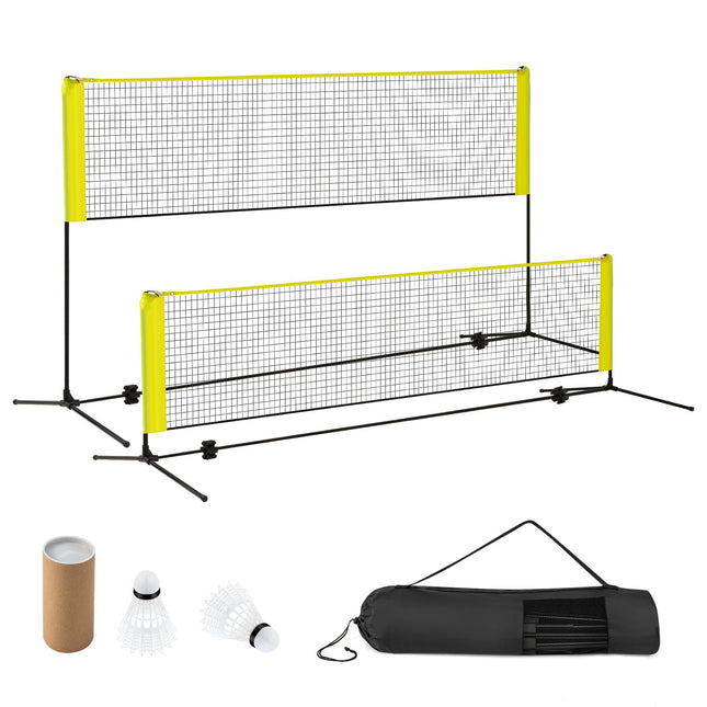 Verstelbare badmintonnetset met standaard, shuttlecocks en tas.