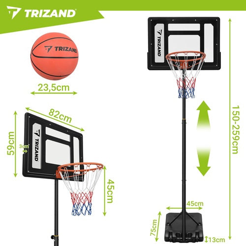 Verstelbare basketbalring met achterbord en bal