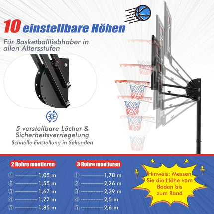 Verstellbarer Basketballkorb mit Ständer & Rollen, 105-260 cm