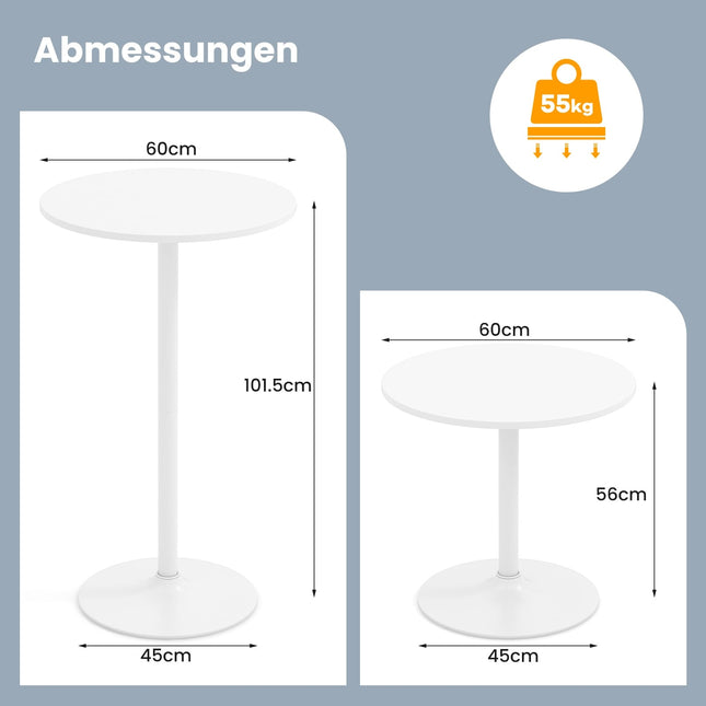 Verstellbares Bistro-Tisch-Set, 2 Höhen, 60 cm Durchmesser, Weiß