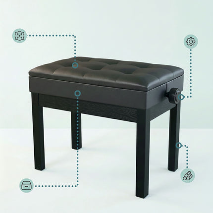 Adjustable Black Birch Piano Bench with Storage