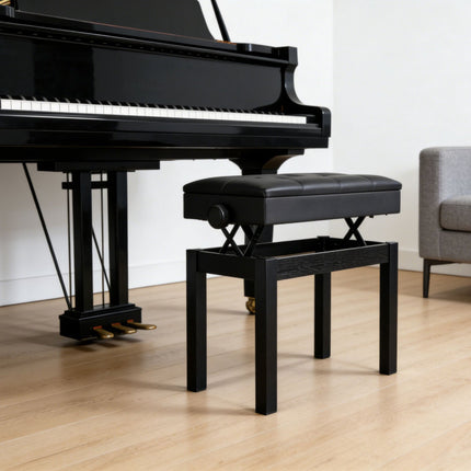 Adjustable Black Birch Piano Bench with Storage