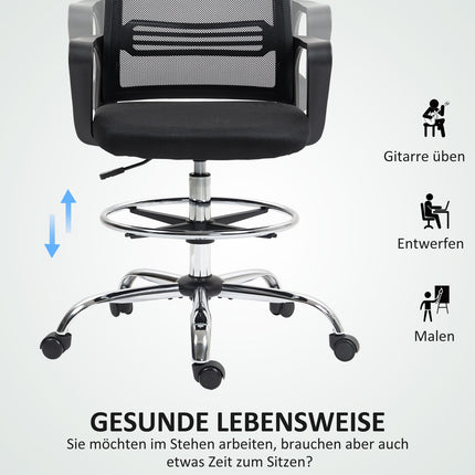 Verstellbarer schwarzer Bürostuhl aus Netzstoff mit Fußstütze