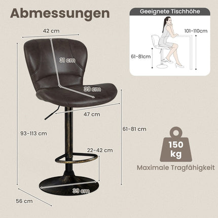 Verstellbare braune Barhocker 2er-Set mit Rückenlehne und Fußstütze