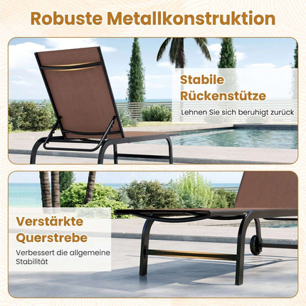 Adjustable Brown Sun Lounger with Wheels & Breathable Fabric