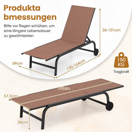 Adjustable Brown Sun Lounger with Wheels & Breathable Fabric