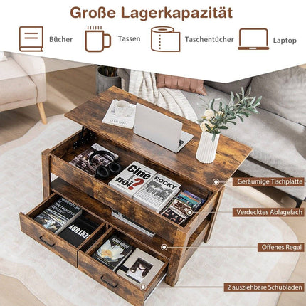 Verstellbarer Couchtisch mit Schubladen, Holz, 106x50x48 cm, Braun