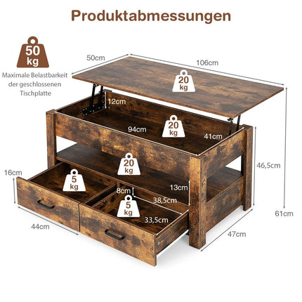Verstellbarer Couchtisch mit Schubladen, Holz, 106x50x48 cm, Braun