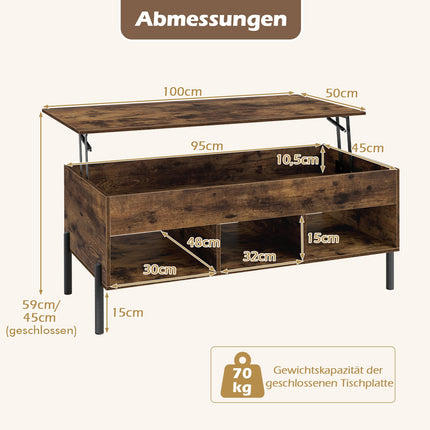 Adjustable Coffee Table with Lift-Top, Storage, Brown
